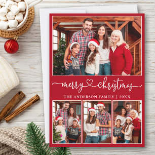 Calligraphy Heart 4 Photo Merry Christmas Red Holiday Card