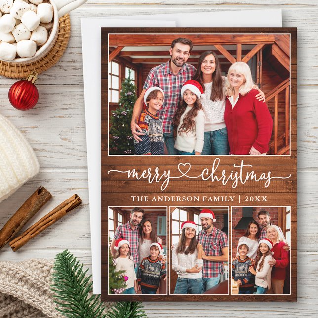 Calligraphy Heart 4 Photo Wood Merry Christmas Holiday Card (Customize to add text to back of card.)