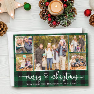 Calligraphy Heart 5 Photo Christmas Green Plaid Holiday Card