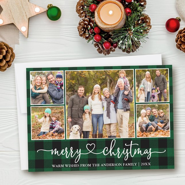 Calligraphy Heart 5 Photo Christmas Green Plaid Holiday Card (Customize to add text to back of card.)