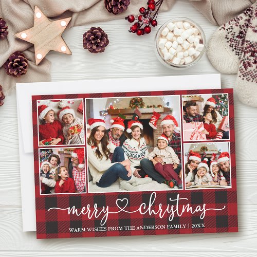 Calligraphy Heart 5 Photo Christmas Red Plaid Holiday Card