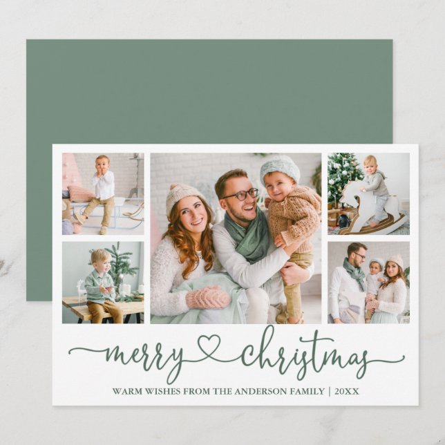 Calligraphy Heart 5 Photo Christmas Sage Green Holiday Card (Front/Back)