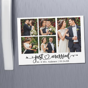 Calligraphy Heart 5 Photo Just Married Magnet Card