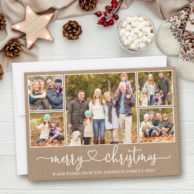 Calligraphy Heart 5 Photo Kraft Merry Christmas Holiday Card (Customize to add text to back of card.)