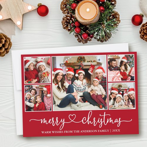 Calligraphy Heart 5 Photo Merry Christmas Red Holiday Card