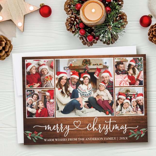 Calligraphy Heart 5 Photo Wood Christmas Holly Holiday Card (Customize to add text to back of card.)