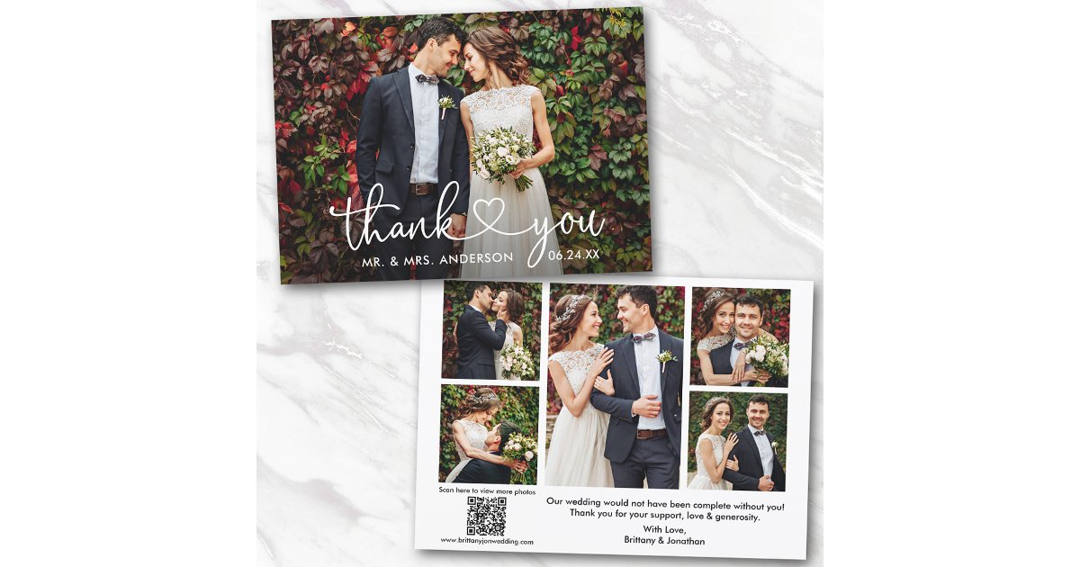 Calligraphy Heart 6 Photos QR Code Wedding Thank You Card | Zazzle