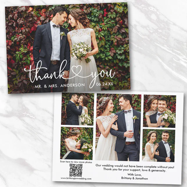 Calligraphy Heart 6 Photos QR Code Wedding Thank You Card | Zazzle