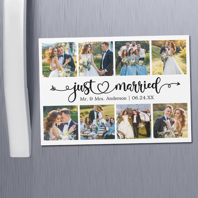 Calligraphy Heart 8 Photo Just Married Magnet Card (Customize to change your personalized text size or text style.)