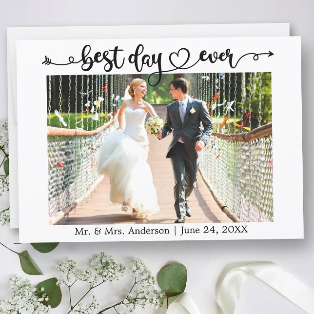 Calligraphy Heart Best Day Ever Photo Wedding Thank You Card (Customize to change your personalized text size or text style.)