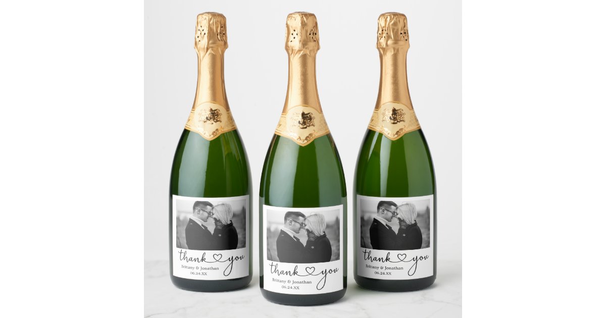 Calligraphy Heart Black and White Photo Wedding Champagne Label | Zazzle