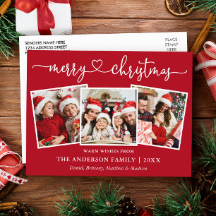 Calligraphy Heart Christmas 3 Photo Red Postcard