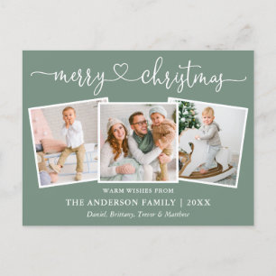 Calligraphy Heart Christmas 3 Photo Sage Green Postcard