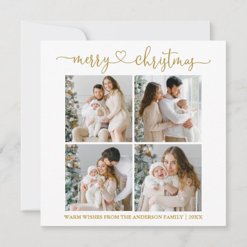 Calligraphy Heart Christmas 4 Photo Gold Square Holiday Card