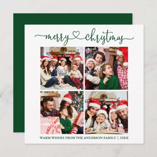 Calligraphy Heart Christmas 4 Photo Green Square Holiday Card
