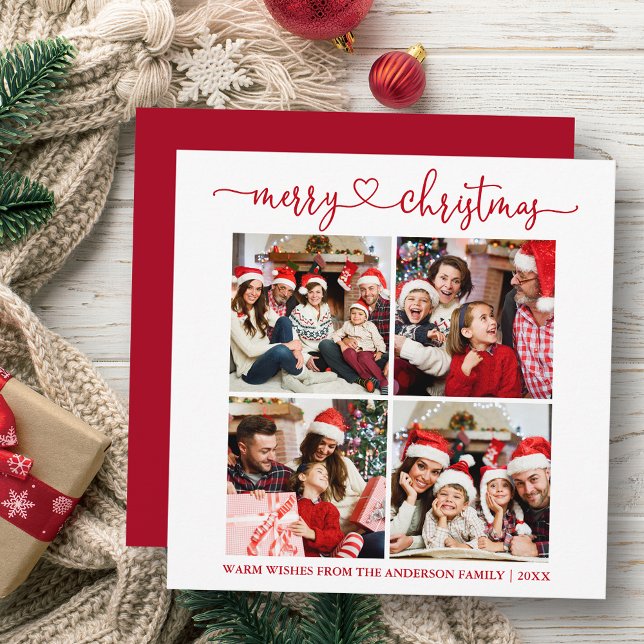Calligraphy Heart Christmas 4 Photo Square Red Holiday Card (Customize to change your personalized text size or text style.)