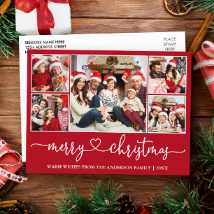 Calligraphy Heart Christmas 5 Photo Red Holiday Postcard