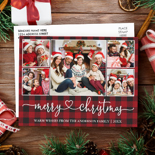 Calligraphy Heart Christmas 5 Photo Red Plaid Postcard