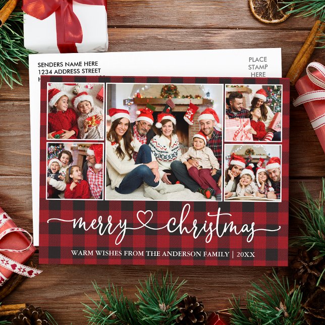 Calligraphy Heart Christmas 5 Photo Red Plaid Postcard (Customize to change your personalized text size or text style.)