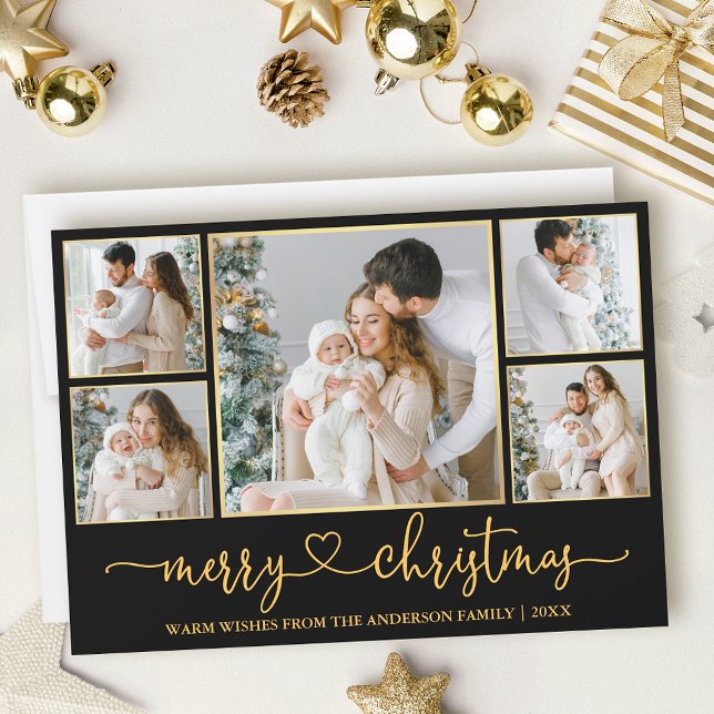 Calligraphy Heart Christmas Black and Gold Frames Holiday Card (Customize to add text to back of card.)