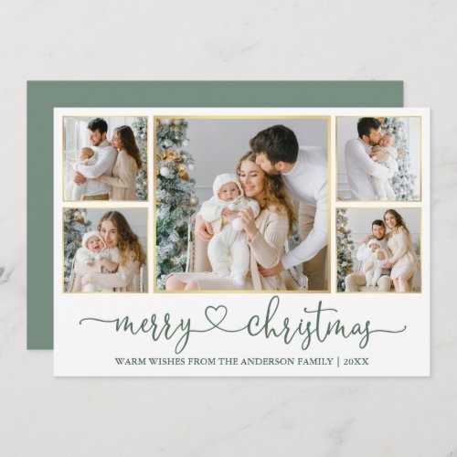Calligraphy Heart Christmas Gold Sage Green Photo Holiday Card