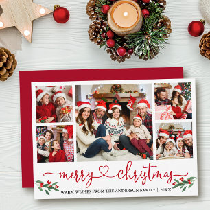 Calligraphy Heart Christmas Holly 5 Photo Red Holiday Card