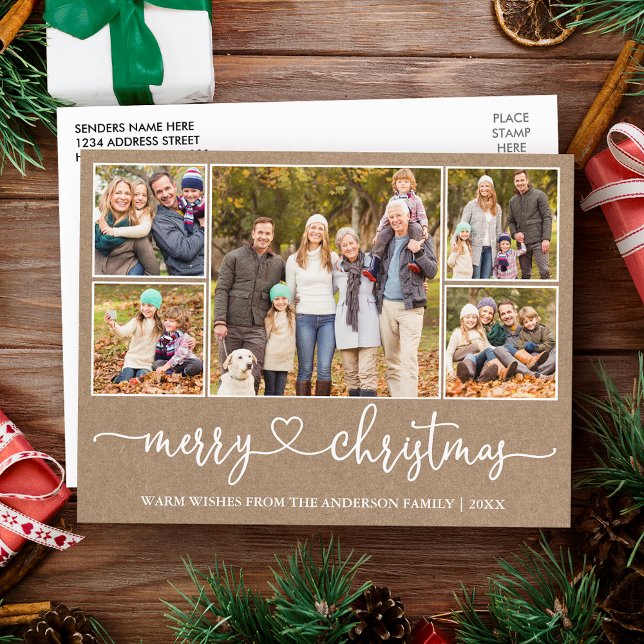 Calligraphy Heart Christmas Kraft 5 Photo Holiday Postcard (Customize to change your personalized text size or text style.)