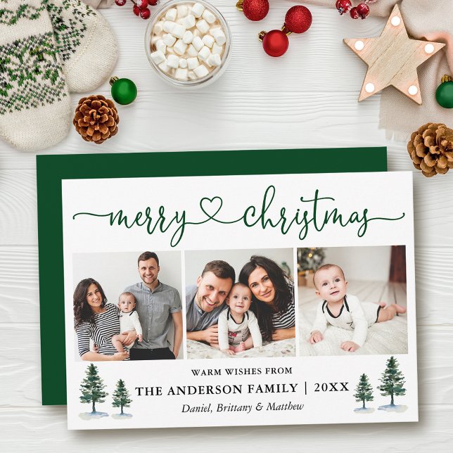 Calligraphy Heart Christmas Pines 3 Photo Green Holiday Card (Customize to add text to back of card or to change color of  back of card.)