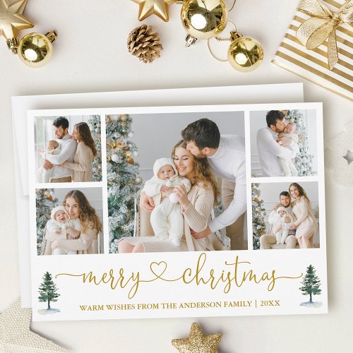 Calligraphy Heart Christmas Pines 5 Photo Gold Holiday Card