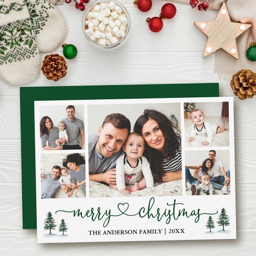 Calligraphy Heart Christmas Pines 5 Photo Green Holiday Card