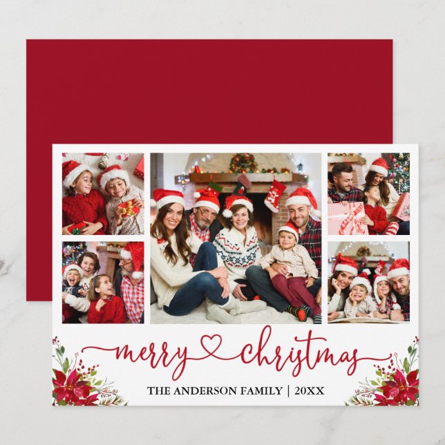 Calligraphy Heart Christmas Poinsettia 5 Photo  Holiday Card (Front/Back)
