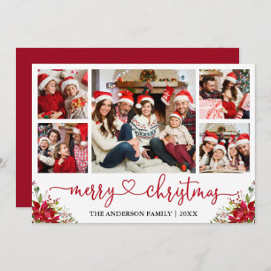 Calligraphy Heart Christmas Poinsettia 5 Photo  Holiday Card
