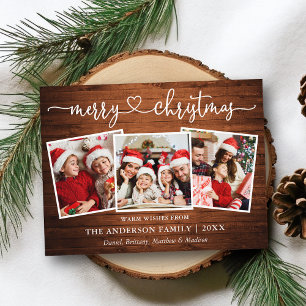 Calligraphy Heart Christmas Wood 3 Photo Postcard