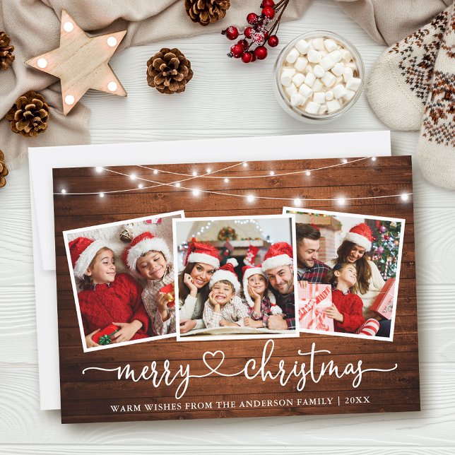 Calligraphy Heart Christmas Wood Lights 3 Photo Holiday Card (Customize to add text to back of card.)