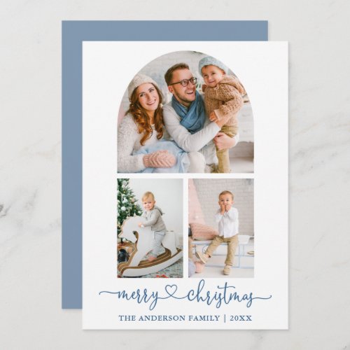 Calligraphy Heart Dusty Blue Arch Photo Christmas Holiday Card