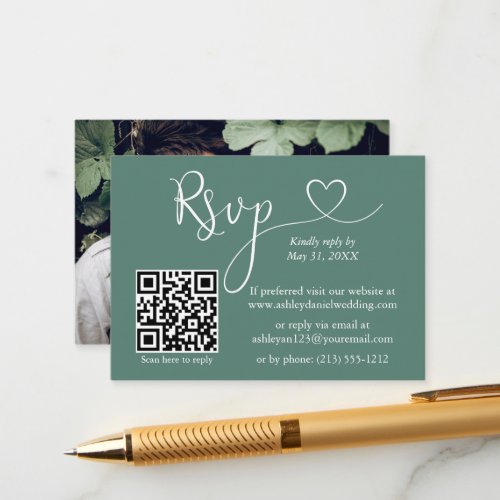 Calligraphy Heart Eucalyptus Green Wedding QR RSVP Enclosure Card