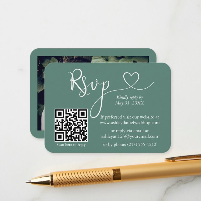 Calligraphy Heart Eucalyptus Green Wedding RSVP QR Enclosure Card (Front/Back In Situ)