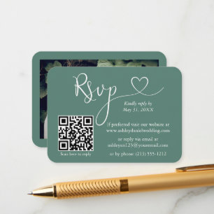 Calligraphy Heart Eucalyptus Green Wedding RSVP QR Enclosure Card