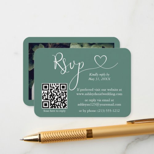 Calligraphy Heart Eucalyptus Green Wedding RSVP QR Enclosure Card