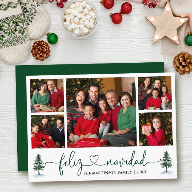 Calligraphy Heart Feliz Navidad 5 Photo Pine Trees Holiday Card (Customize to add text to back of card.)