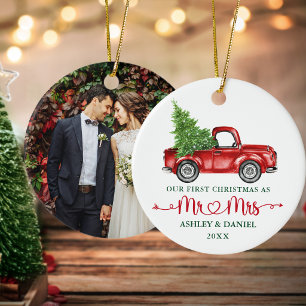 Calligraphy Heart First Christmas Red Truck Photo Ceramic Ornament