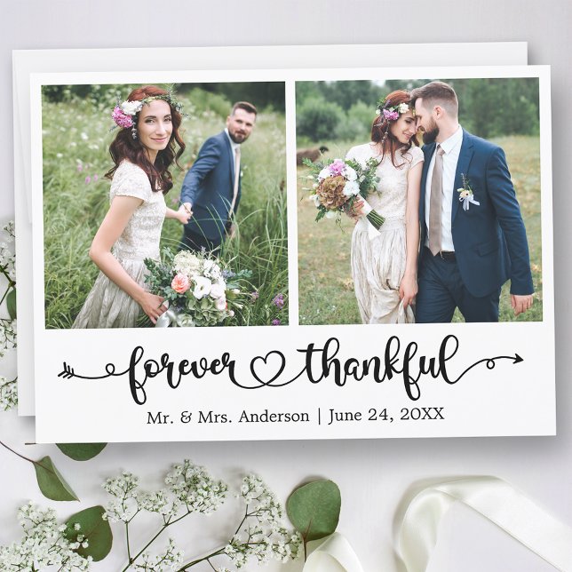 Calligraphy Heart Forever Thankful 2 Photo Wedding Thank You Card (Customize to change your personalized text size or text style.)