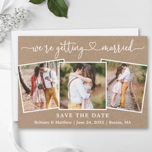 Calligraphy Heart Getting Married 3 Photo Kraft Save The Date