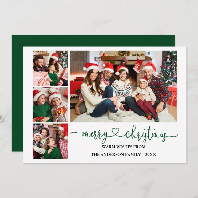 Calligraphy Heart Green Christmas 4 Photos Holiday Card (Front/Back)