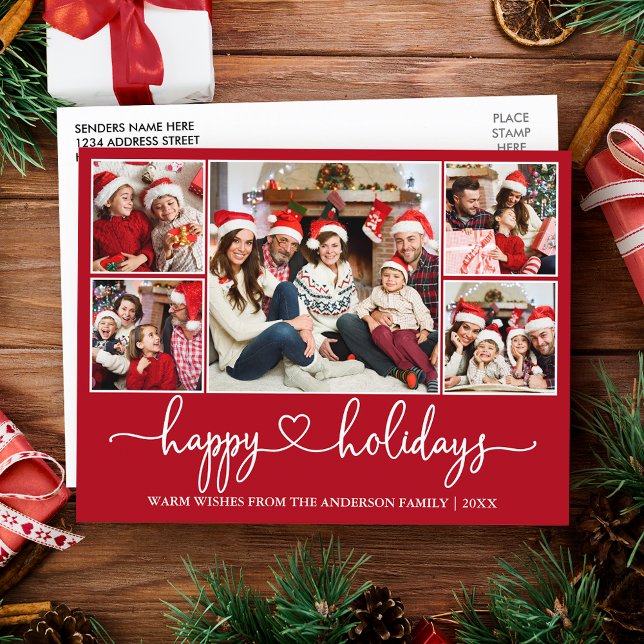 Calligraphy Heart Happy Holidays 5 Photo Red Postcard (Customize to change your personalized text size or text style.)