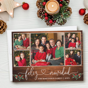 Calligraphy Heart Holly Wood Feliz Navidad Holiday Card