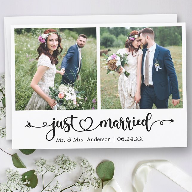 Calligraphy Heart Just Married 2 Photo Wedding Announcement (Customize to change your personalized text size, text style or to add text to back of card.)