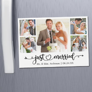 Calligraphy Heart Just Married 5 Photo Magnet Card