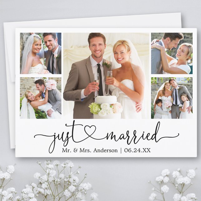 Calligraphy Heart Just Married 5 Photo Wedding Announcement (Customize to add text or more photos to back of card.)