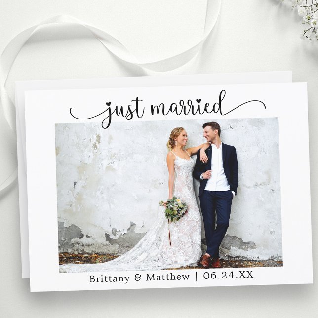 Calligraphy Heart Just Married Photo Wedding Announcement (Customize to change your personalized text size, text style or to add text to back of card.)